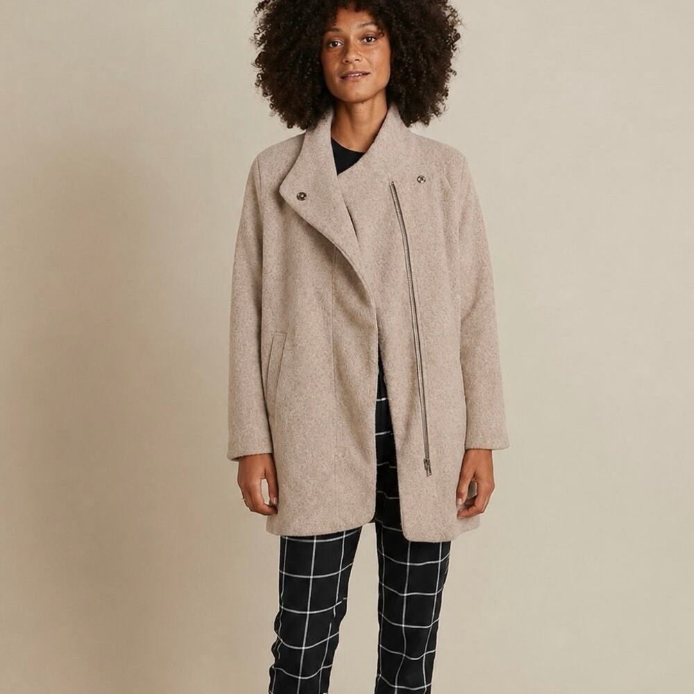MARINE LAYER Wool Blend Oatmeal Peacoat Longline Full Zip Funnel Neck Jacket
